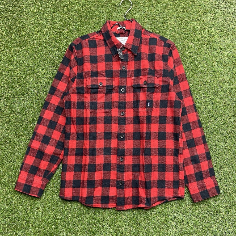 Abercrombie Fitch Flannel Shirt Mens Medium Washed Flannel Buffalo Plaid Muscle